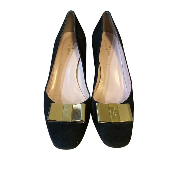 Kate Spade Black Suede Gold Bow Block Heel Pumps Size 8.5 Elegant Womens Shoes - Picture 1 of 7